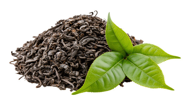 Dried black tea leaves pile with fresh green tea leaves