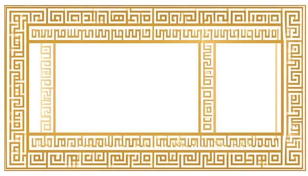 Golden rectangular frame with greek key pattern, ornate border design, ancient motif, decorative element, elegant vintage style