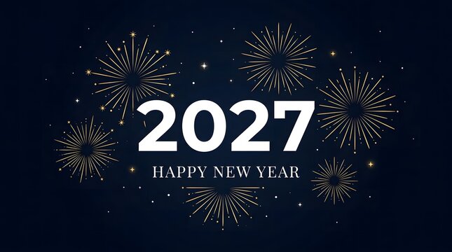 Elegant new year 2027 celebration graphic with golden fireworks and festive typography