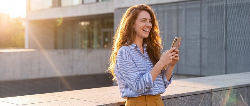 Happy young woman with long wavy hair laughing while looking at her smartphone outdoors in the city at sunset