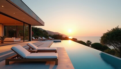 Obraz premium Modern villa with infinity pool overlooks calm Mediterranean sea at sunset. Luxury terrace features wooden lounge chairs under golden sky. Serene architectural design creates peaceful outdoor living