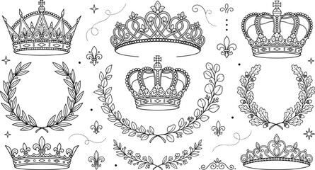 Royal crown and heraldic laurel wreath line art vector set with king queen tiara diadem and fleurdelis ornament © vector design 