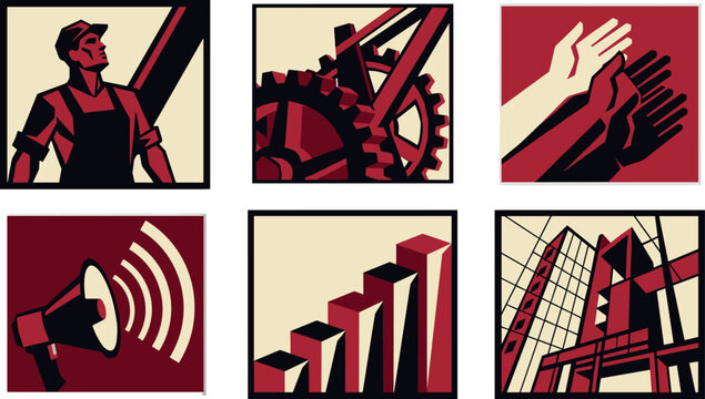 Vintage Soviet constructivism style industrial vector icon set with worker megaphone gears and architecture isolated on white background