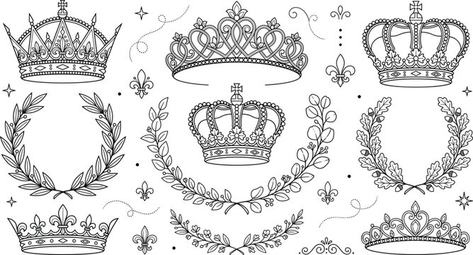 Royal crown and heraldic laurel wreath line art vector set with king queen tiara diadem and fleurdelis ornament