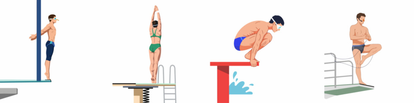 Professional male and female divers in various poses on diving boards and platforms, flat vector illustration isolated on white background.