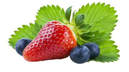 Red strawberry with blueberries and green leaves © Isolde