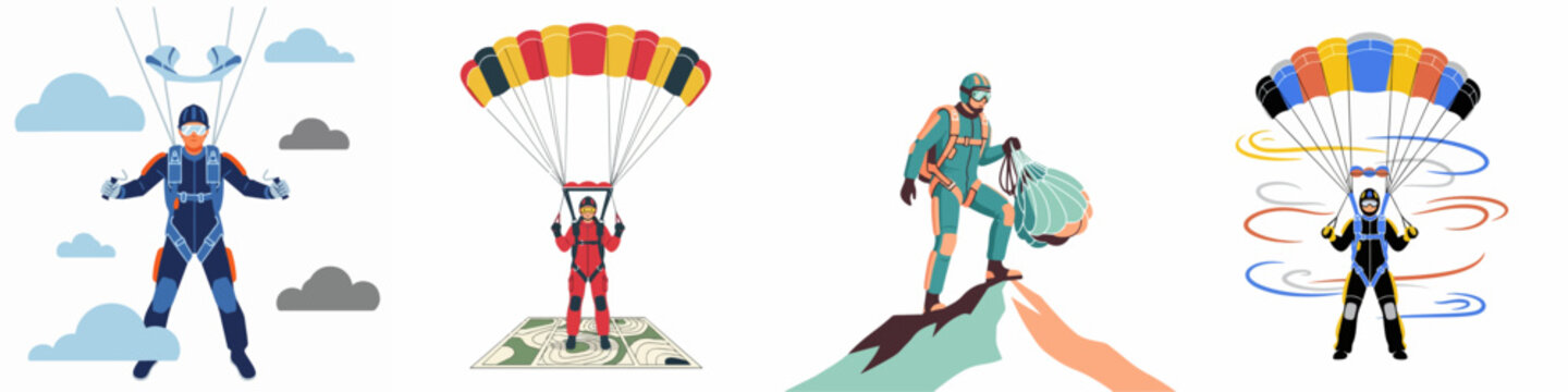 Four vector illustrations of skydivers performing jumps, landing on targets, and standing on mountain peaks with colorful parachutes and gear.