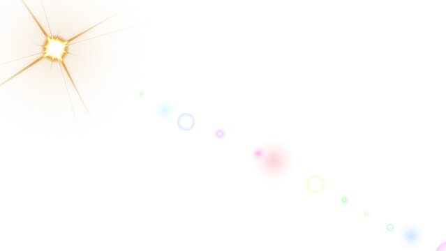 Golden circular light source with radiating lens flare and a diagonal trail of colorful geometric circles and small star symbols