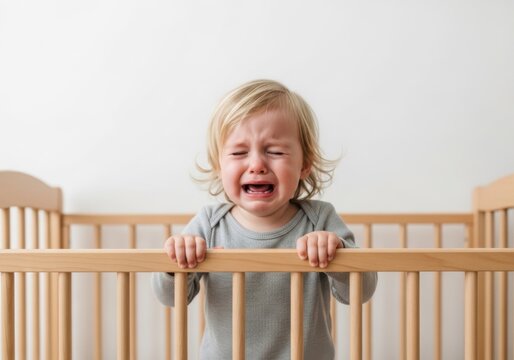 Crying toddler standing in a wooden crib, looking distressed and upset