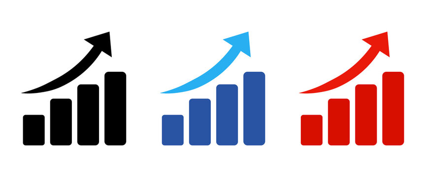 Business Growth Bar Chart Icon Set with Upward Trend Arrow PNG Isolated on Transparent Background