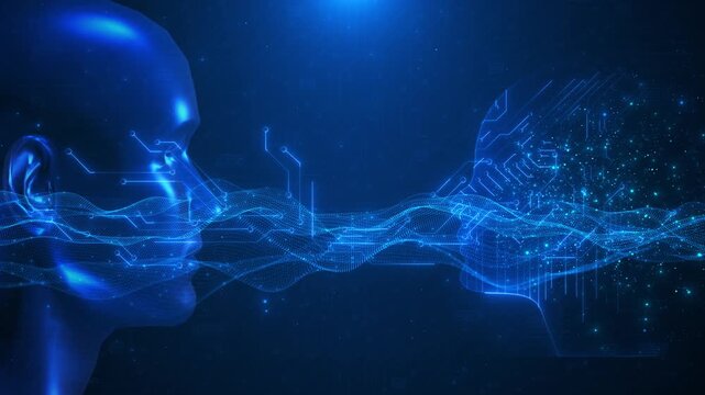 Artificial intelligence human connection background digital faces, flowing wave mesh, circuit AI explainers, machine learning promos, innovation future technology presentations, research content, data