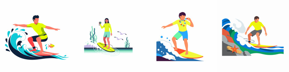 Naklejka premium Set of flat illustrations featuring people surfing on ocean waves, including a man, a woman with a camera, and a boy with a lei.