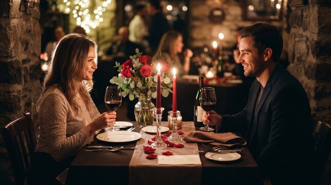 Romantic candlelit dinner date for couple with wine roses and red candles in restaurant