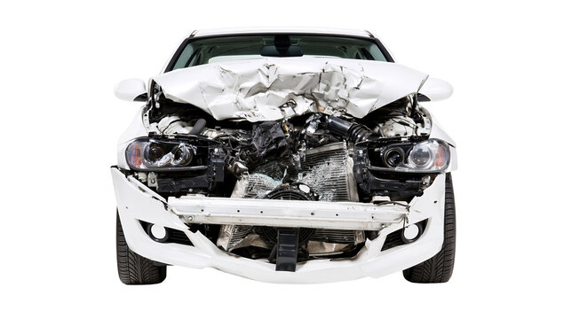 White car front end severely damaged in accident
