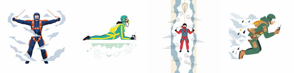 Vector illustrations of skydivers and paragliders in various action poses among clouds, featuring modern gear and extreme sports equipment for air adventure concepts. © Abu