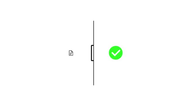 Approved document verification line art, split layout, success mark. workflow contract approval visuals, service promos, compliance presentations, submission explainers, business process animations.