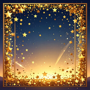 Golden star frame with sunset sky, golden hour light, and falling stars, perfect for celebration or luxury design