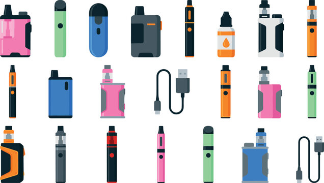 Electronic cigarette vape vector set featuring various mod boxes pod systems e-juice bottles and charging cables isolated on white background for retail storefronts