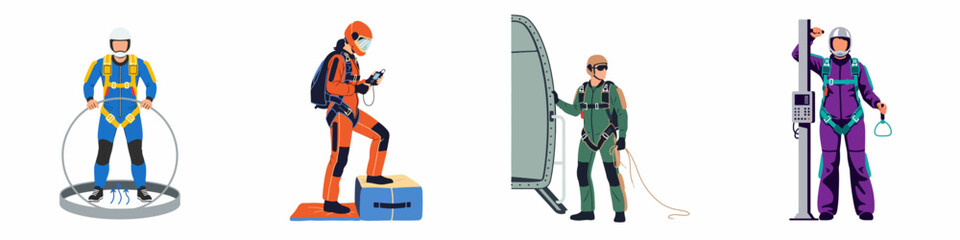 Set of flat illustrations depicting skydivers in professional gear, training in wind tunnels, checking equipment, and preparing for jumps from an aircraft. © Abu