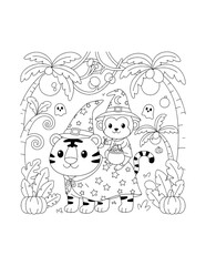 Fototapeta premium Cute Halloween Monkey Riding on a Friendly Ghost Coloring Page for Kids. Simple Animal Outline Illustration for Children.