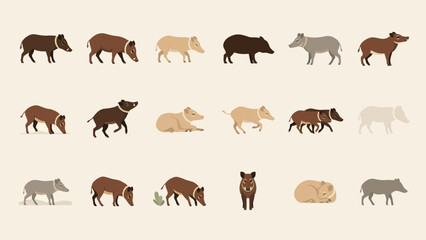 Fototapeta premium Set of flat vector wild boar icons showing various poses and activities for nature and wildlife design projects