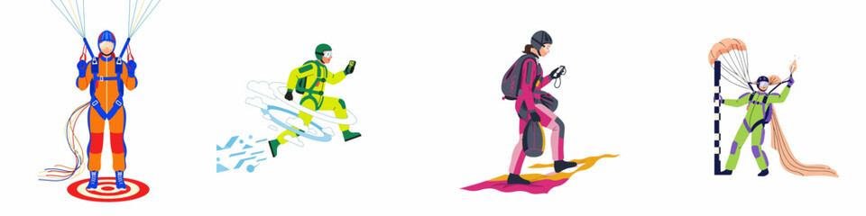 Collection of stylized flat vector illustrations depicting skydivers in various stages of a jump, including freefall, checking altitude, and landing on a target. © Abu