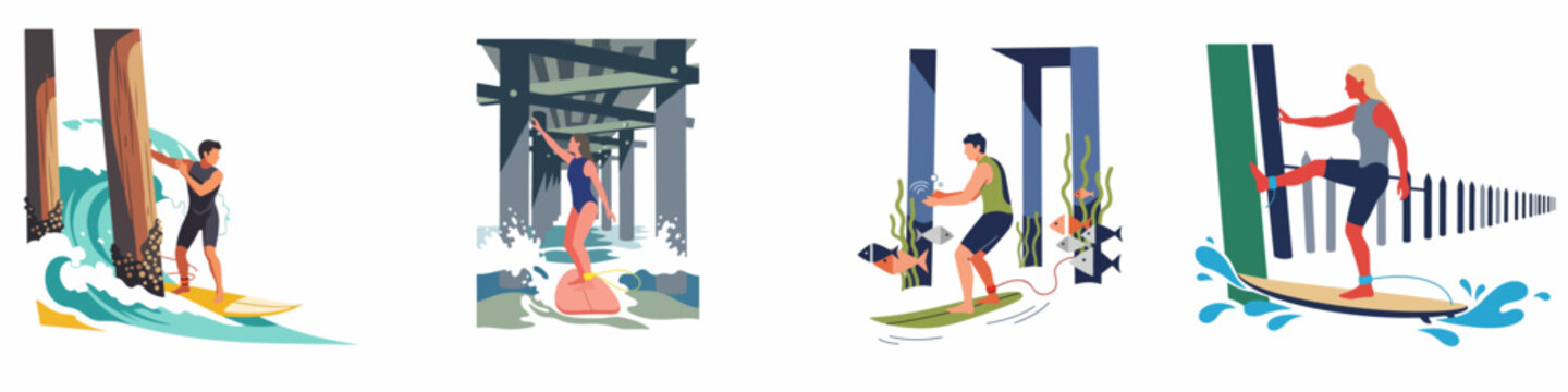 Set of stylized flat illustrations depicting people surfing near and under pier structures with waves, sea life, and coastal elements.