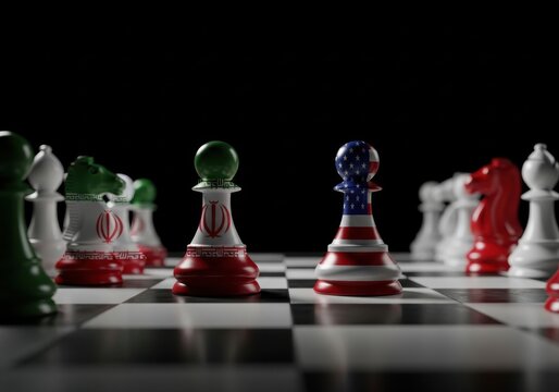 Chess pieces with iran and usa flags facing each other on a chessboard