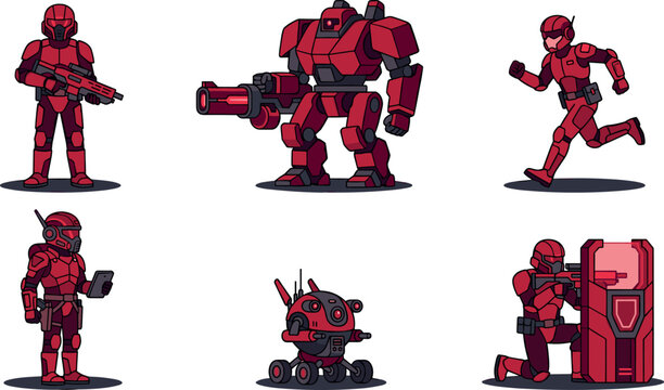 Futuristic red sci-fi soldier and mech robot vector character set with armored infantry troops isolated on white background