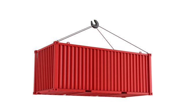 Red shipping container suspended by crane cables