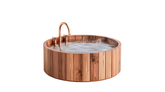 Wooden hot tub with copper faucet and steaming water