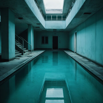 Forgotten indoor swimming pool beneath skylight in atmospheric lobby with stairs