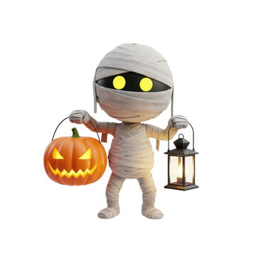 A cartoon mummy holding a pumpkin and lantern on halloween.