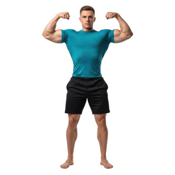 A man flexing his muscles in a teal shirt and black shorts.
