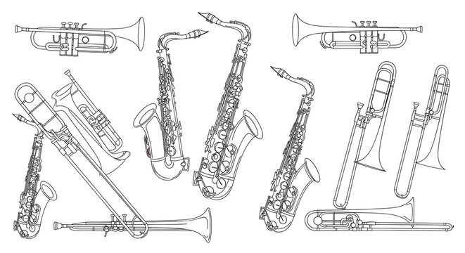 Brass Musical Instruments Line Art Collection - Trumpets, Saxophones, and Trombones