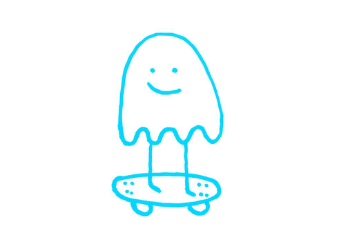Cute hand-drawn blue doodle of a smiling ghost character skateboarding with skateboard character illustration whimsical minimalist scribble creative imagination youthful childlike animation