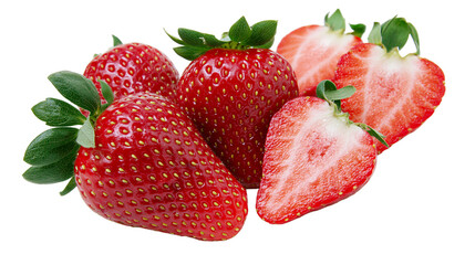 Fresh red strawberries whole and halved, with green leaves © Isolde