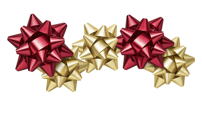 Red and gold metallic gift bows arranged in a cluster