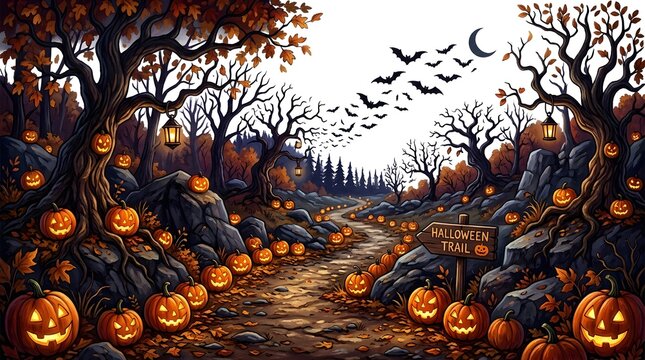 Spooky halloween trail with glowing jackolanterns and bats