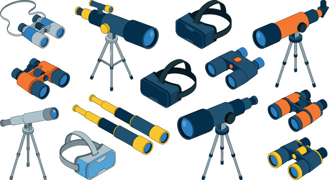 Isometric optical devices vector set featuring telescopes on tripods binoculars virtual reality vr headsets and spyglass monoculars isolated on white background