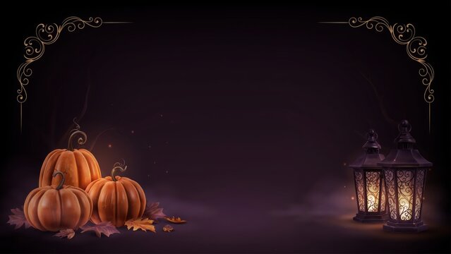 Elegant autumn display featuring a stack of pumpkins and two decorative lanterns with glowing candles creating a festive seasonal atmosphere