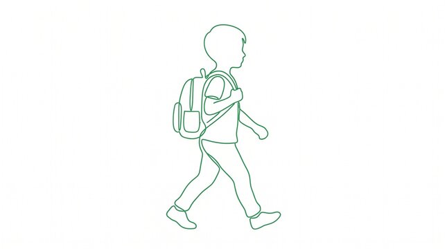 Continuous Line Art Child Walking Backpack Green Outline Design