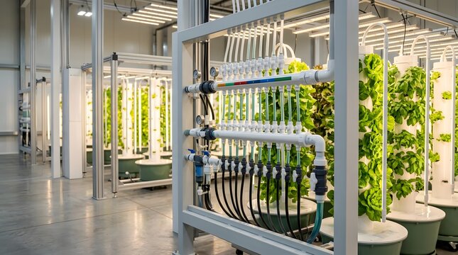 vertical farming nutrient circulation manifold supplying multiple hydroponic growing towers for controlled environment agriculture production