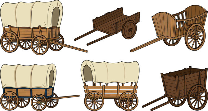 Vintage wooden cart and covered wagon vector set featuring old western transport carriages and historic pioneer vehicles isolated on white background