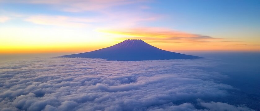 Majestic mountain peak above clouds at sunrise