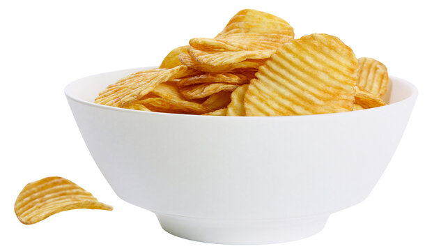 Ruffled potato chips in a white bowl