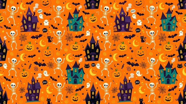 Seamless halloween pattern with skeletons, haunted houses and pumpkins