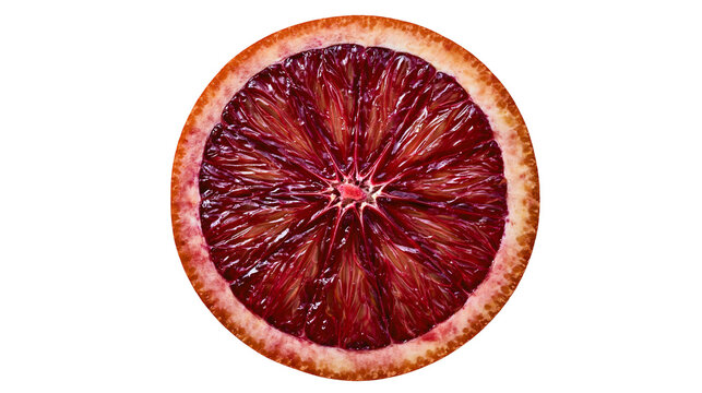 Blood orange slice with vibrant red pulp and textured rind