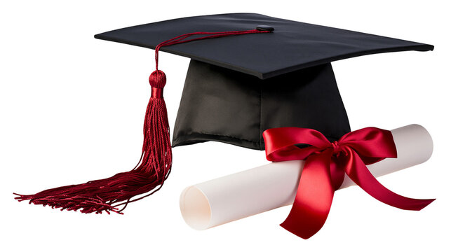 Black graduation cap with red tassel and diploma scroll tied with red ribbon