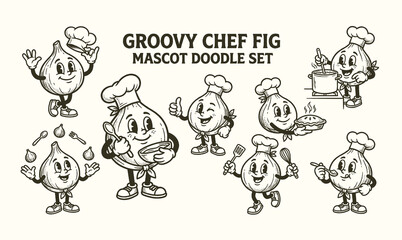 Fototapeta premium Retro anjeer fig fruit cartoon mascot characters set